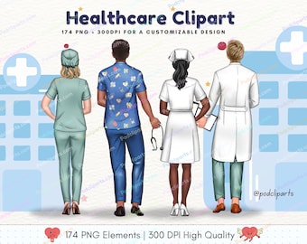 May include: Four healthcare professionals, two women and two men, stand in front of a hospital building. They are all wearing scrubs or lab coats and are facing away from the viewer. The image is a digital illustration and is part of a set of 174 PNG elements.