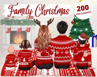 Christmas Family Clipart, Cozy Winter Clipart, Seasonal Clipart, Parent and Kids, Xmas Clipart, New Year Clipart, Family Christmas PNG-CA141