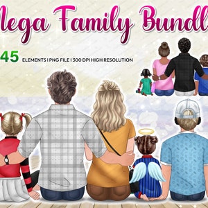 Watercolor Family clipart with baby PNG Bundle, Sitting Family Creator, Father's Day, Mother's Day, Back View People customizable - CA303