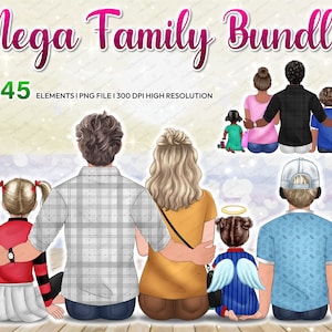 Watercolor Family clipart with baby PNG Bundle, Sitting Family Creator, Father&#39;s Day, Mother&#39;s Day, Back View People customizable - CA303