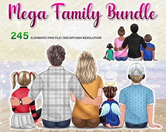 Watercolor Family clipart with baby PNG Bundle, Sitting Family Creator, Father's Day, Mother's Day, Back View People customizable - CA303