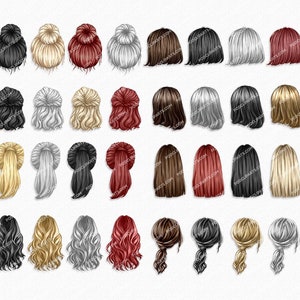 May include: Set of 40 digital illustrations of different hairstyles for women. The hairstyles are in various colours, including brown, black, blonde, grey, and red. The hairstyles are all in a back view.