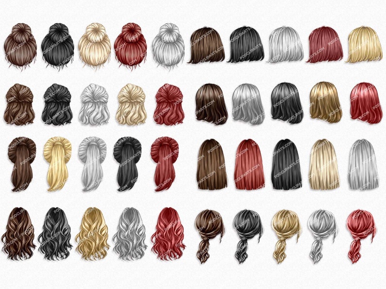 May include: Set of 40 digital illustrations of different hairstyles for women. The hairstyles are in various colours, including brown, black, blonde, grey, and red. The hairstyles are all in a back view.