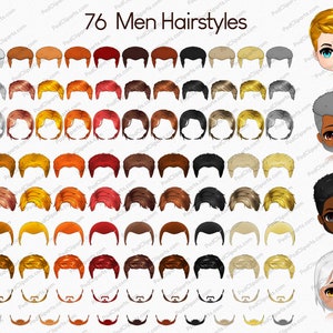 May include: A set of 76 different cartoon hairstyles for men. The hairstyles are in various colors, including black, brown, blonde, red, and gray. The hairstyles are shown on a white background.