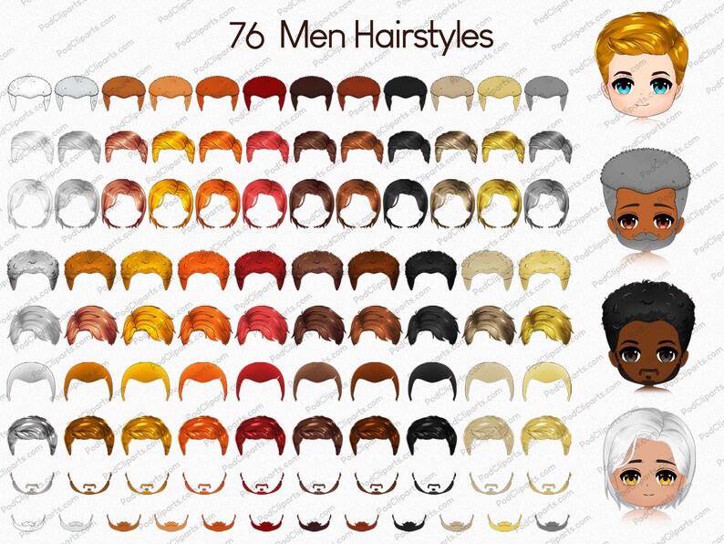 May include: A set of 76 different cartoon hairstyles for men. The hairstyles are in various colors, including black, brown, blonde, red, and gray. The hairstyles are shown on a white background.