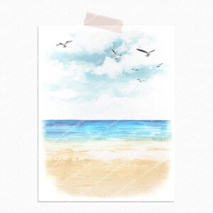 May include: A watercolor painting of a beach scene with blue water, white sand, and a light blue sky with white clouds. There are several seagulls flying in the sky.