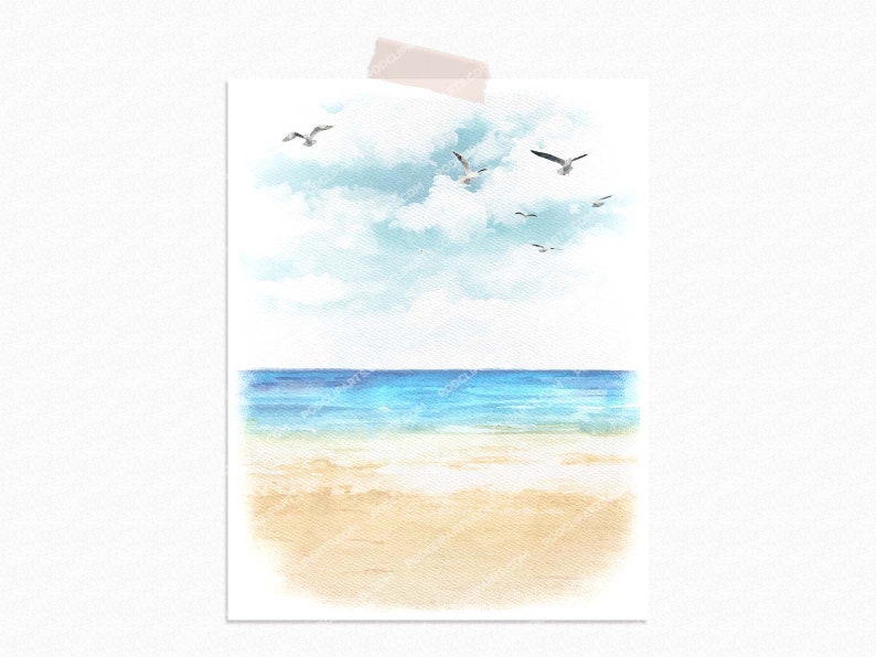 May include: A watercolor painting of a beach scene with blue water, white sand, and a light blue sky with white clouds. There are several seagulls flying in the sky.