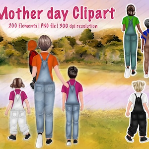 Mother with son, daughter and baby clipart, mom daughter clipart, best mom ever clipart, mother&#39;s day clipart, custom family portrait- CA230