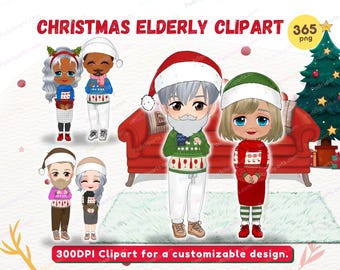 Oldwoman & Oldman Christmas Clipart PNG, Grandma and Grandpa Clipart, Grandparent Clipart,Christmas Scene for Personalized Gift - CA536