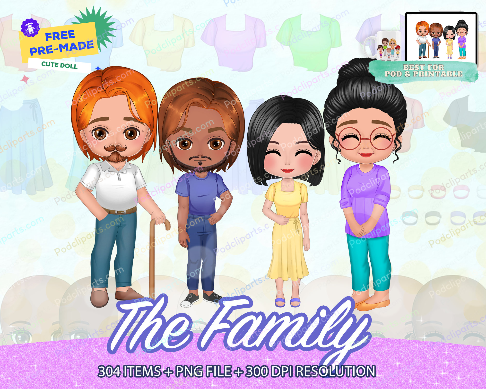 Chibi Parents Bundle Chibi Family Clipart PNG, Custom Family Portrait, Father Mother ...
