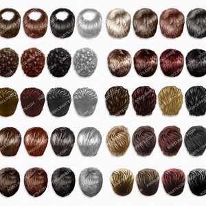May include: A set of 50 digital illustrations of different hairstyles for men, viewed from the back. The hairstyles are in various colours, including blonde, brown, black, grey, and red.