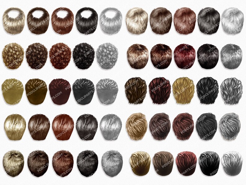 May include: A set of 50 digital illustrations of different hairstyles for men, viewed from the back. The hairstyles are in various colours, including blonde, brown, black, grey, and red.