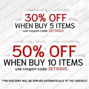 May include: A white background with red text that reads "30% OFF WHEN BUY 5 ITEMS use coupon code: GET30DIS" and "50% OFF WHEN BUY 10 ITEMS use coupon code: GET50DIS". The text is in a white circle with a red outline. The text at the bottom reads "*THE DISCOUNT WILL BE APPLIED AUTOMATICALLY AT THE CHECKOUT"