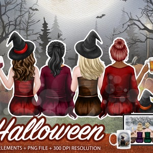 Witchcraft clipart, magic clipart, witch and wizard, witches clipart, best friends clipart, sisters clipart, witch png, broom clipart, friend png, spooky clipart, halloween elements, halloween friends, Watercolor halloween