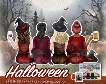 Halloween witch clipart, Witchcraft clipart, Witches clipart, Green witch clipart, Magic clipart, Halloween custom, Witch sisters, PNG -CA27