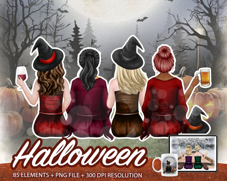 Witchcraft clipart, magic clipart, witch and wizard, witches clipart, best friends clipart, sisters clipart, witch png, broom clipart, friend png, spooky clipart, halloween elements, halloween friends, Watercolor halloween