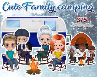 Chibi Family Camping with Daughter and son Clipart PNG, Oldman and Oldwoman people clipart, Grandparent graphics outdoor Customizable- CA310