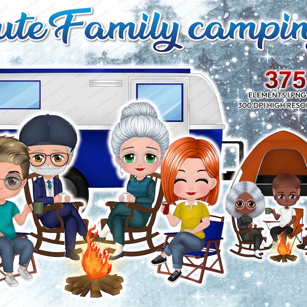 Chibi Familie Camping mit Tochter und Sohn Clipart PNG, Oldman und Oldwoman Menschen Clipart, Großeltern Grafiken im Freien anpassbar- CA310