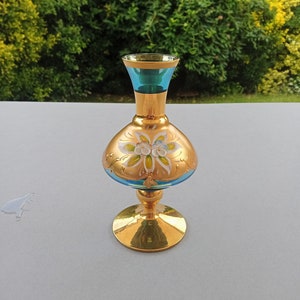 Bohemia Flower Vase, Light Blue Heavily Gilded Glass Vase