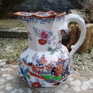 Antique Masons Jug with Hydra Handle, Unique Ironstone Chinoiserie Jug