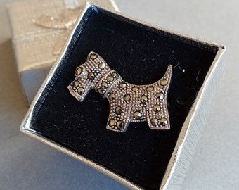 Silver Brooch, Vintage Scottie Dog Brooch, Silver Marcasite Brooch, Sterling Silver Dog