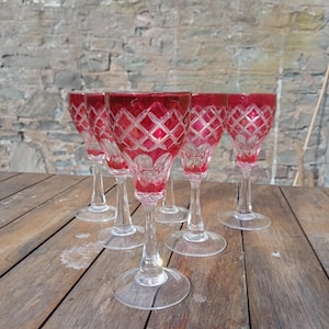 Vintage Six Roemer Cranberry Pink Crystal Hock Wine Glasses
