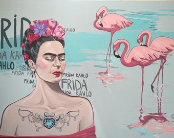 Frida with Flamingo acrylic painting - High quality papper print