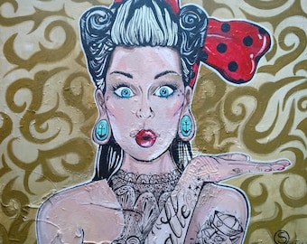 PIN UP lady acrylic handmade painting print on canvas