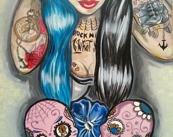 Mexican Skull Lady acrylic painting - High quality papper print