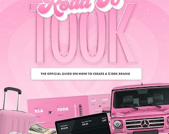 May include: A pink laptop computer with a graph showing sales over time. The graph shows a total sales amount of $112.3K, an average order value of $70.30, and a total order count of 1,597. The laptop is sitting on a stack of cash with a pink suitcase and a pink airplane ticket in the background. The image also includes a pink car and the text "Road To 100K" in a pink and white font.