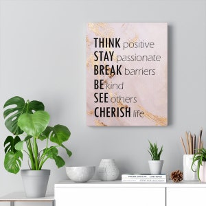 Think Positive Wall Art Canvas, Decor for Home Office, Bedroom Decor, Living Room Art, Wall Decor, Rose Gold Canvas, Girl Art Inspiration