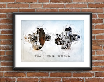May include: A framed black and white illustration of a BMW R 1200 GS motorcycle engine. The engine is shown in a cutaway view, with the internal components visible. The text "BMW R 1200 GS - 2003-2009" is printed below the engine.