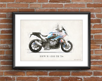 May include: A watercolour illustration of a white, blue and red BMW M 1000 XR '24 motorcycle. The motorcycle is shown in profile, with the front wheel turned slightly to the left. The background is a light grey.