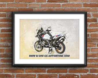 May include: A black and white sketch of a BMW R 1250 GS Adventure 2020 motorcycle. The motorcycle is shown from the side, with the front wheel turned to the right. The motorcycle is on a light brown background.