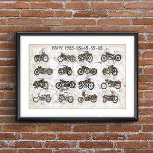 BMW Motorcycles Evolution 1925-35-45-55-65, art sketch poster [no frame]