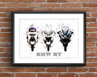 May include: A black and white sketch of three BMW RT motorcycles. The motorcycles are drawn in a realistic style, with details such as the headlights, wheels, and handlebars. The text "BMW RT" is written below the motorcycles.