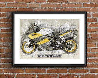 May include: A black and white illustration of a yellow and white BMW K 1200 S 2004 motorcycle. The motorcycle is drawn in a sketch style with a white background.