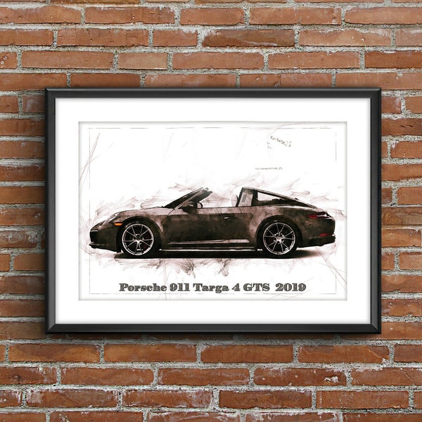 Porsche 911 Targa 4 GTS (2019), art sketch poster [no frame]