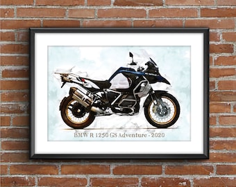 May include: A watercolour illustration of a blue and white BMW R 1250 GS Adventure motorcycle. The motorcycle has a black frame and gold wheels. The text "BMW R 1250 GS Adventure - 2020" is printed below the motorcycle.