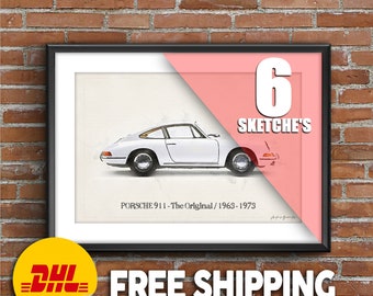 Porsche 911 Evolution of the famed 911 In 6 Sketche's (1963 - 2013), FREE DHL Shipping, art sketch poster [no frame]
