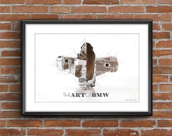 May include: A black and white illustration of a BMW engine with the text "THE ART OF BMW" printed below it.