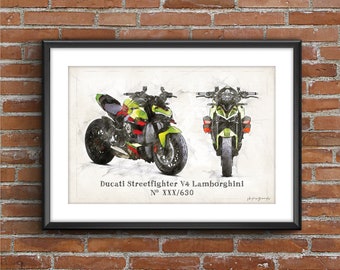 Ducati STREETFIGHTER V4 Lamborghini 2 bikes, art sketch poster [no frame](send me the serial number)