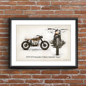 BMW R 75 ロードスター タトゥー カスタムズ「ベイン」1973、アートスケッチポスター [フレームなし]