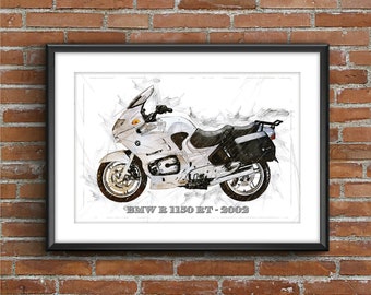 May include: A white BMW R 1150 RT motorcycle with a black seat and luggage bags. The motorcycle is drawn in a sketch style with a white background.