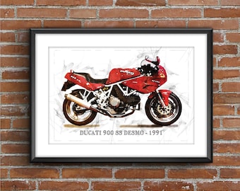 Ducati 900 SS Super Sport Desmo - 1991, art sketch poster [no frame]