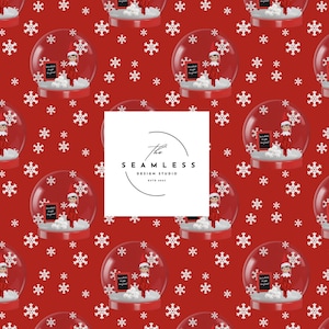 May include: Seamless pattern featuring snow globes with an elf inside, set against a red background with white snowflakes. Each snow globe has a small chalkboard. The Seamless Design Studio logo is in the center.