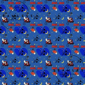 May include: A repeating pattern on a blue background featuring cartoon illustrations of witches, cats, moons, and stars. The text "MEG...MOG" is repeated throughout the design. The design also includes the text "E A M A L E S DESIGN STUDIO EST. 1993".