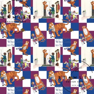 Peut inclure: Motif répété tiré du livre pour enfants "Le Tigre qui s'invita pour le thé". Le motif présente un tigre, une fille et des scènes de l'histoire, sur un fond à carreaux bleu, violet et blanc. Le texte "The Tiger Who Came to Tea" est visible.