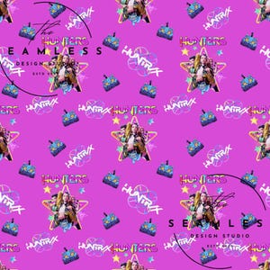 May include: Seamless design featuring a repeating pattern of stylized illustrations and text on a magenta background. The design includes images of people, stars, and text that reads "HUNTERS" and "HUNTR/X". The words "SEAMLESS DESIGN STUDIO" are also present.