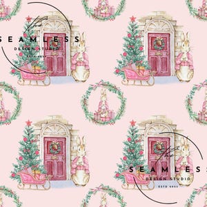 May include: A repeating pattern featuring a watercolor illustration of a bunny in a pink coat, standing next to a red door with a Christmas tree and sleigh. The background is a soft pink colour. The text "SEAMLESS DESIGN STUDIO ESTD 2022" is visible.
